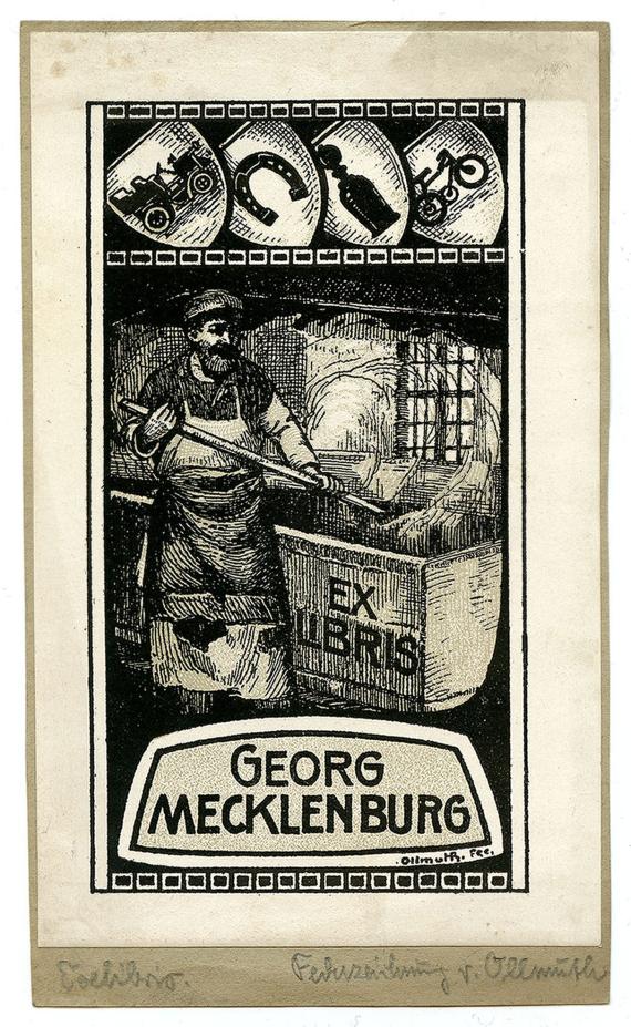 Stamp depicting a dyer in a smock apron in front of a paint trough