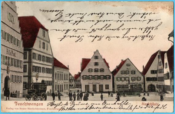 Historical picture postcard Feuchtwangen - market square - publisher Benno Bischofsheimer, Feuchtwangen - with residential and commercial buildings of Hirsch Holzinger and bank business Gebrüder Gunzenhäuser - mailed on December 9, 1904