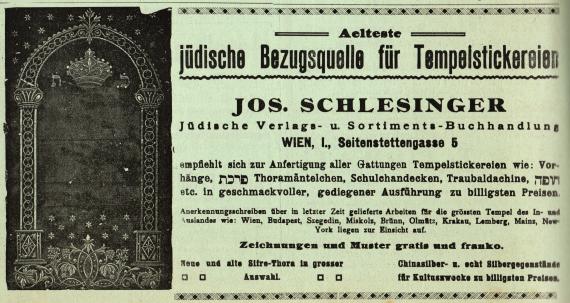 Advertisement by " Josef Schlesinger, Jüdische Verlags- u. Sortiments-Buchhandlung, Wien I. Seitenstettengasse 5 " - in Dr. Bloch's Oesterreichische Wochenschrift of November 3, 1916