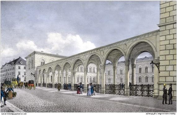 A colored drawing from the 19th century shows the archway of the Johanneum together with passers-by