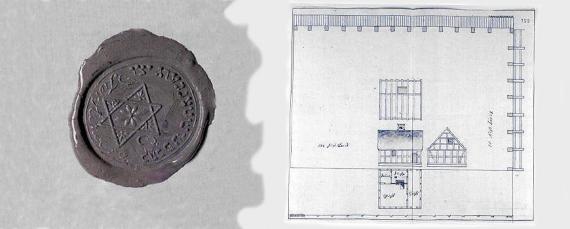 black and white, left wax seal, right site plan drawing