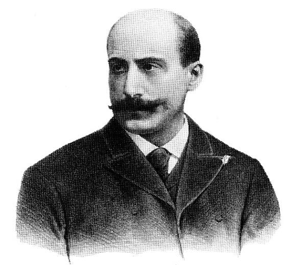 Black and white graphic with portrait of an adult man with moustache and half bald head in a neat dark suit