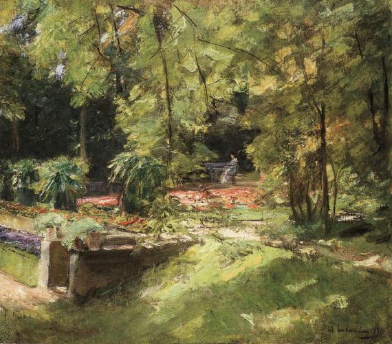 An impressionist oil painting shows a sunlit garden with a stone staircase. In the distance, a woman sits on a chair