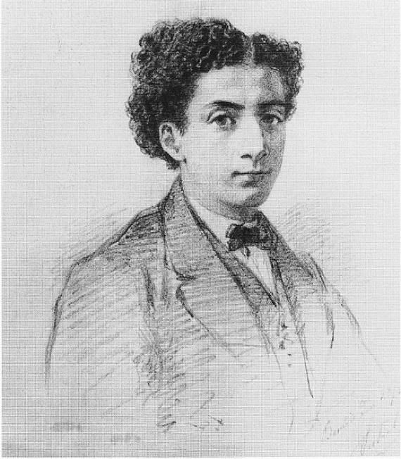 A naturalistic, black and white drawing shows the bust of a young man in a neat, light-colored suit. He looks brightly at the viewer.