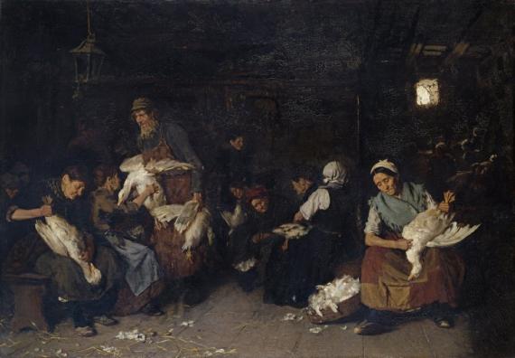 A dark painting in the style of old Dutch painting shows a large, sparsely lit parlor in which women dressed in peasant clothes are plucking the feathers from geese while a man with a wrinkled face brings in new geese.