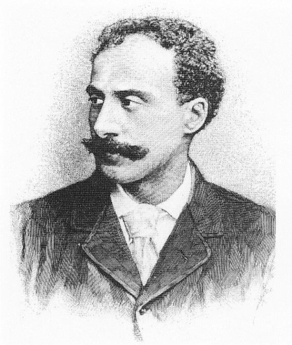 A black and white graphic of a man with short, thinning hair, a moustache and a dark suit collar