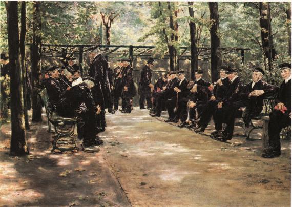 Around 20 men, all dressed in black, stand and sit on benches in a brightly lit park under tall trees. The scene radiates calm and contemplation and lives from the light and shadows that fall through the treetops onto the scene.