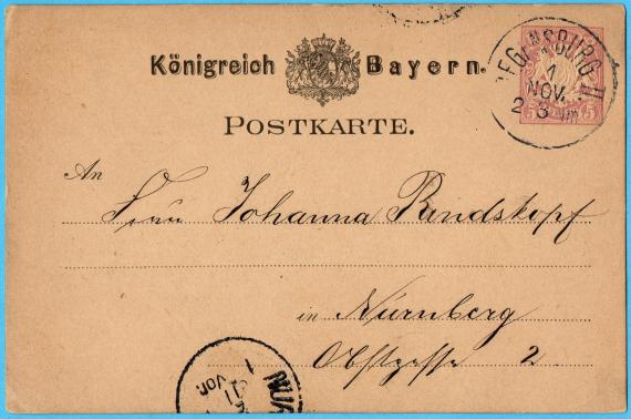 Postcard to Mrs. Johanna Rindskopf, Nuremberg, Obstgasse 2 - sent on November 1, 1882