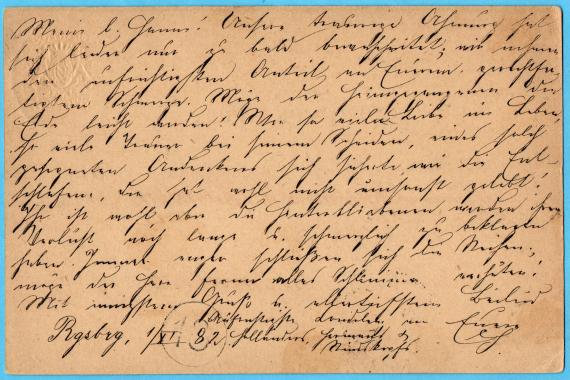 Postcard to Mrs. Johanna Rindskopf, Nuremberg, Obstgasse 2 - sent on November 1, 1882 - back of card