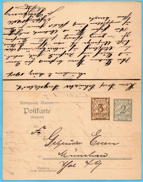 Postkarte mit Rückantwortkarte der " Gebr. Eisen, Schnitt,-Weiß,-Woll,- und Kurzwaren, München, Thal 49 ", - versandt am 2. März 1907 - Kartenrückseite mit angefügter Antwortkarte