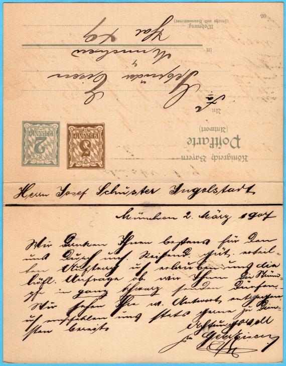 Postkarte mit Rückantwortkarte der " Gebr. Eisen, Schnitt,-Weiß,-Woll,- und Kurzwaren, München, Thal 49 ", - versandt am 2. März 1907 - Kartenrückseite mit angefügter Antwortkarte