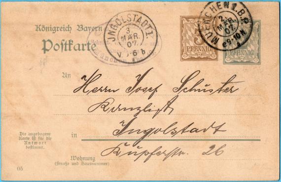 Postkarte mit Rückantwortkarte der " Gebr. Eisen, Schnitt,-Weiß,-Woll,- und Kurzwaren, München, Thal 49 ", - versandt am 2. März 1907 -