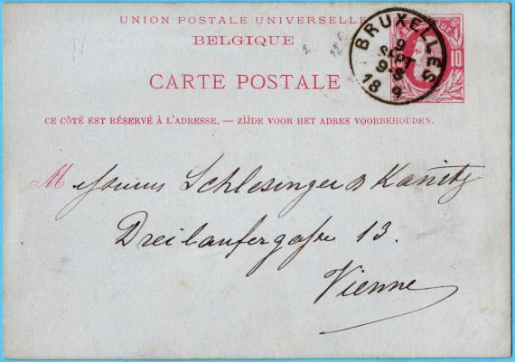 Postkarte geschäftlicher Art an " Schlesinger & Kanitz, Dreilaufergasse 13, Wien " - versandt am 9. September 1879 von Brüssel  