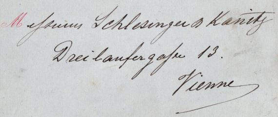 Postkarte geschäftlicher Art an " Schlesinger & Kanitz, Dreilaufergasse 13, Wien " - versandt am 9. September 1879 von Brüssel  - Ausschnittvergrößerung Firmenanschrift