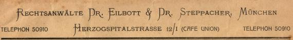 Briefumschlag - Rechtsanwälte Dr. Eilbott & Dr. Steppacher, München " - versandt als Einschreiben am 2. Januar 1920 - Ausschnittvergrößerung Kanzlei-Adresse