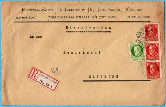 Briefumschlag - " Rechtsanwälte Dr. Eilbott & Dr. Steppacher, München " - versandt als Einschreiben am 2. Januar 1920