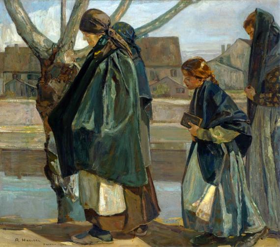 Painting; it shows young and old women walking past the river