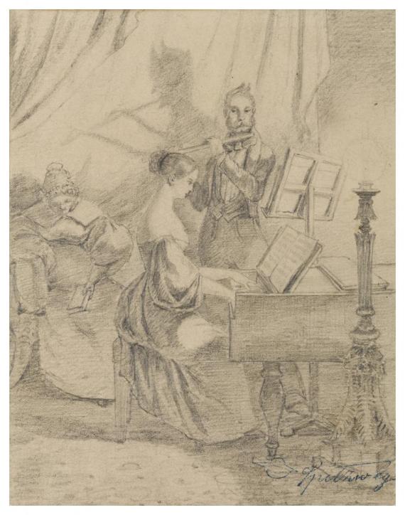 Pencil drawing by the artist Spitzweg, in which a young woman accompanies a flute player at the piano