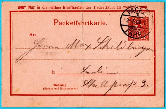 Packet ticket to Mr. " Max Schildberger ", Berlin, Schillstraße 3 - sent on May 2, 1898