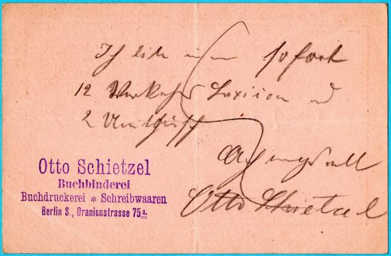 Packetfahrtkarte an Herrn " Max Schildberger ", Berlin, Schillstraße 3  -  versandt am 2. Mai 1898  -  Kartenrückseite