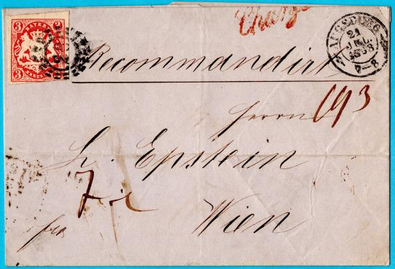 Envelope - Recommandirt - to Mr. " L. Epstein " in Vienna - sent from Augsburg on July 21, 1858