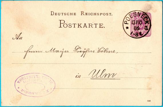 Postkarte geschäftlicher Art an Herrn Mayer Dreyfus Söhne - versandt am 13. Oktober 1886