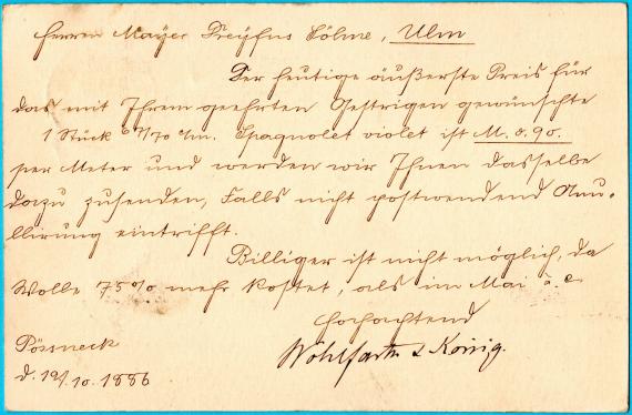 Postcard of a business nature to Mr. Mayer Dreyfus Söhne - sent on October 13, 1886 - back of card