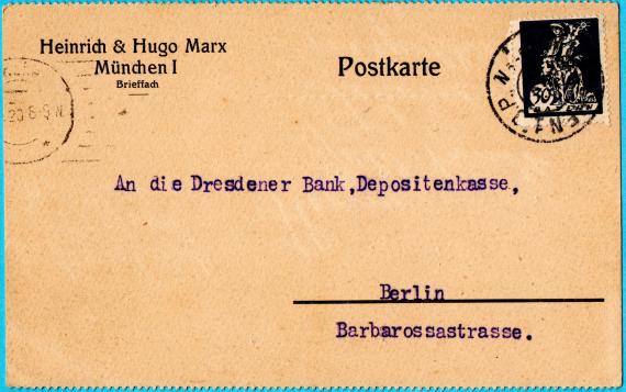 Postkarte - Heinrich & Hugo Marx Geschäftspostkarte " Heinrich & Hugo Marx, München I " - versandt am 13. August 1920