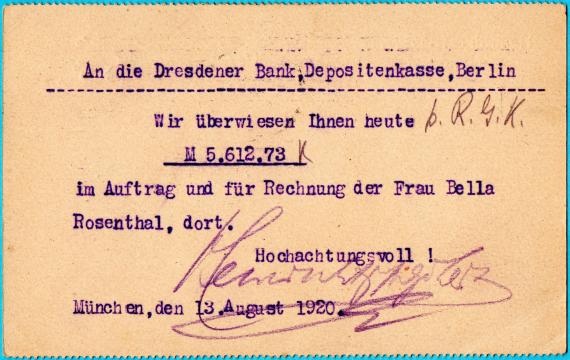 Business postcard " Heinrich & Hugo Marx, Munich I " - sent on August 13, 1920 - back of card