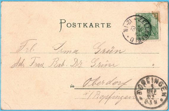 Historical picture postcard - greeting from the Johanneser Kurhaus - sent on February 28, 1902 to Mrs. Irma Grün, address Mrs. Rab. Dr. Grün, Oberdorf / Bopfingen