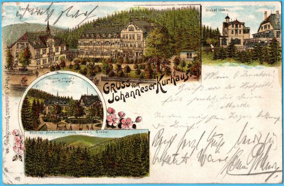 Historical picture postcard - Greeting from the Johanneser Kurhaus - sent on February 28, 1902 to Mrs. Irma Grün, address Mrs. Rab. Dr. Grün, Oberdorf / Bopfingen - card image page