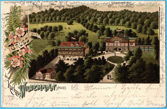 Historical picture postcard - Greetings from the Kurhaus Wildemann i. Harz - sent on August 2, 1903 to Mrs. Dr. B. Grün, Oberdorf b. Bopfingen, Württemberg - picture and text page