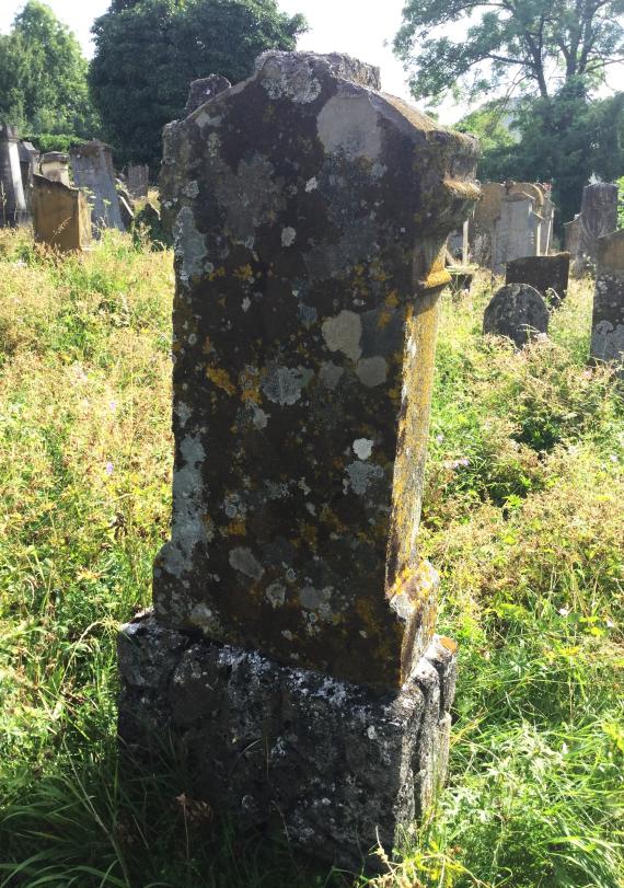 Grabstein von Rabbiners-Gattin Bertha Grün auf dem jüdischen Friedhof in Bopfingen - Oberdorf  -  Grabstein-Rückseite