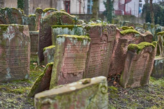 Leaning gravestones overgrown with moss