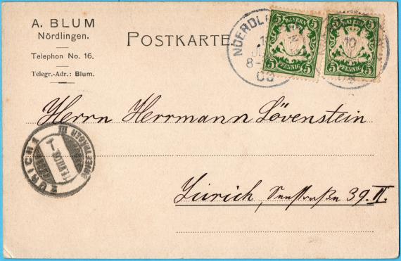 Postkarte persönlicher Art an Herrn Hermann Löwenstein, Zürich, Seestraße 39 I - versandt am 10. Juli 1908 von A. Blum, Nördlingen