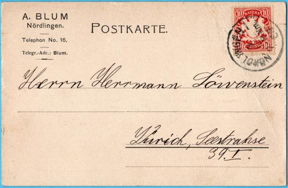 Postkarte persönlicher Art von Klara Blum, Nördlingen an Herrn Hermann Löwenstein, Zürich, Seestraße 39 II - versandt am 3. Juli 1908