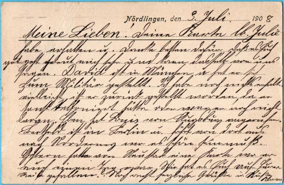 Postkarte persönlicher Art von Klara Blum, Nördlingen an Herrn Hermann Löwenstein, Zürich, Seestraße 39 II - versandt am 3. Juli 1908  -  Kartenrückseite