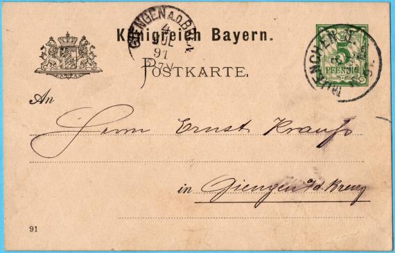 Postkarte geschäftlicher Art von S. Steinharter, München - versandt am 3. Juli 1891 