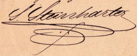 Postkarte geschäftlicher Art von S. Steinharter, München - versandt am 3. Juli 1891 - Ausschnittvergrößerung " Unterschrift "