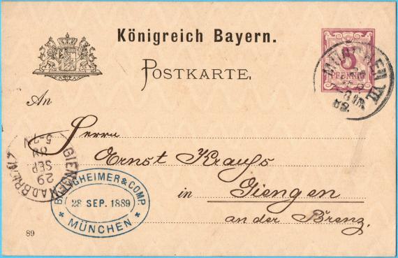 Postkarte geschäftlicher Art der Fa."  Billigheimer & Comp.- München ", - versandt am 28. September 1889 