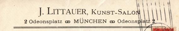 Briefkuvert mit geschäftlichem Schreiben von " J. Littauer, Kunst - Salon, Odeonsplatz 2, München " - versandt am 2, Februar 1912 an Herrn W. Hely, Kunstmaler, Rosenheim - Ausschnittvergrößerung Geschäftsadresse