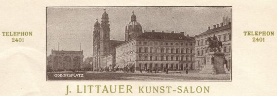 " J. Littauer, Kunst - Salon, München " - Briefblatt gefaltet mit geschäftlichem Text - Vorderseite - Ausschnittvergrößerung Briefkopf - versandt am 12.2.1912