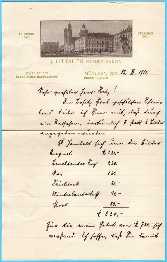" J. Littauer, Kunst - Salon, München " - folded letter sheet with business text - front - sent on 12.2.1912 to the painter Wilhelm Hely-Kronenbitter in Rosenheim