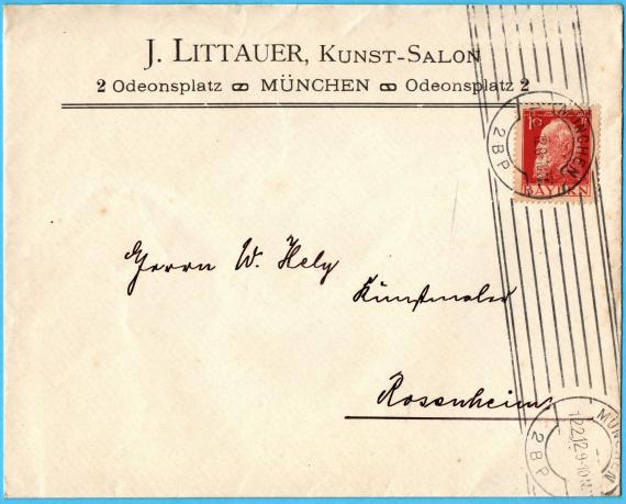 Briefkuvert mit geschäftlichem Schreiben von " J. Littauer, Kunst - Salon, Odeonsplatz 2, München " - versandt am 2, Februar 1912 an Herrn W. Hely, Kunstmaler, Rosenheim 