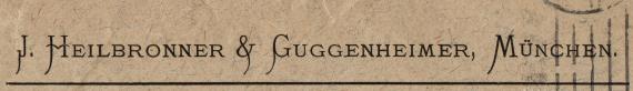 Geschäfts-Briefumschlag der Fa. J. Heilbronner & Guggenheimer, München " - versandt am 27. Juli 1921 an Herrn Hugo Heumann in Göppingen  - Ausschnittvergrößerung Firmenname