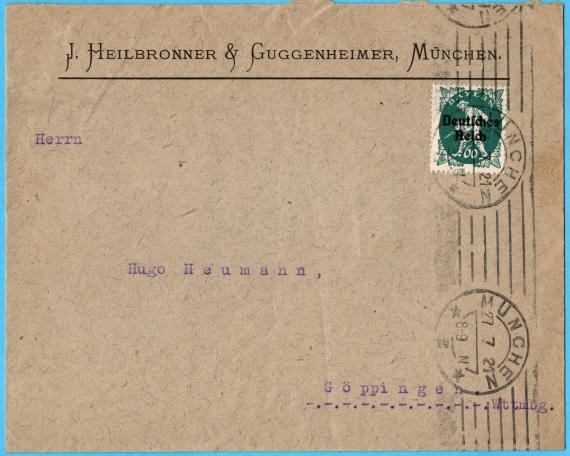 Briefumschlag - J. Heilbronner & Guggenheimer Geschäfts-Briefumschlag der Fa. J. Heilbronner & Guggenheimer, München " - versandt am 27. Juli 1921 an Herrn Hugo Heumann in Göppingen