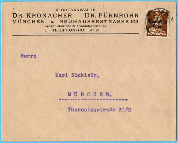 Envelope " Rechtsanwälte Dr. Kronacher - Dr. Fürnrohr, Munich, Neuhauserstraße 10/1 " - sent on August 1, 1921