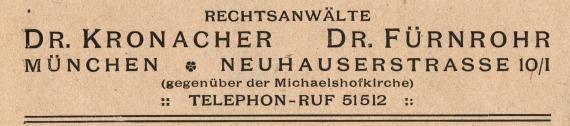 Envelope " Rechtsanwälte Dr. Kronacher - Dr. Fürnrohr, Munich, Neuhauserstraße 10/1 " - sent on August 1, 1921 - detail enlargement of business address