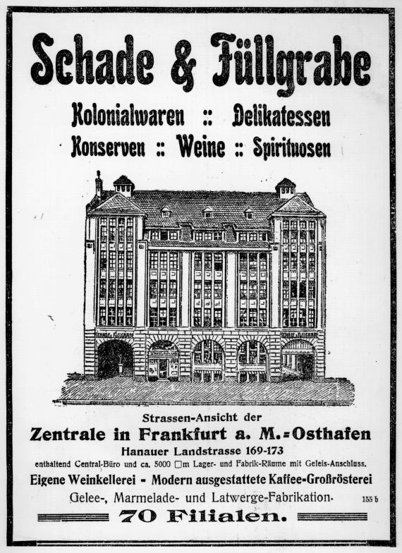 Advertisement of the company Schade & Füllgrabe with company building