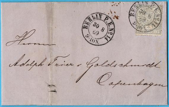 Business letter to " Mr. Adolph Trier & Goldschmidt, Copenhagen " - sent from Berlin to Copenhagen on August 30, 1869